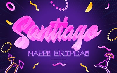 Happy Birthday Santiago, 4k, Purple Party Background, Santiago, creative art, Happy Santiago birthday, Santiago name, Santiago Birthday, Birthday Party Background
