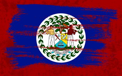 4k, Flag of Belize, grunge flags, North American countries, national symbols, brush stroke, Belize flag, grunge art, North America, Belize