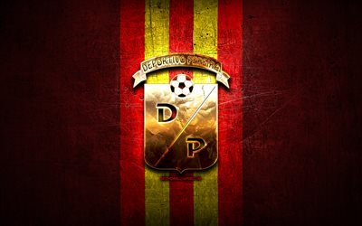 Deportivo Pereira FC, golden logo, Categoria Primera A, red metal background, football, colombian football club, Deportivo Pereira logo, soccer, FC Deportivo Pereira