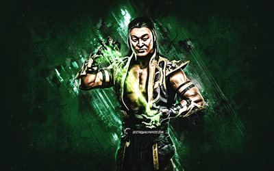 Shang Tsung, Mortal Kombat, green stone background, Mortal Kombat 11, Shang Tsung grunge art, Mortal Kombat characters, Shang Tsung character