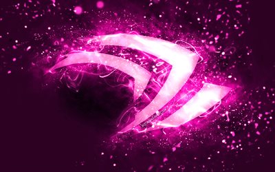 Nvidia purple logo, 4k, purple neon lights, creative, purple abstract background, Nvidia logo, brands, Nvidia