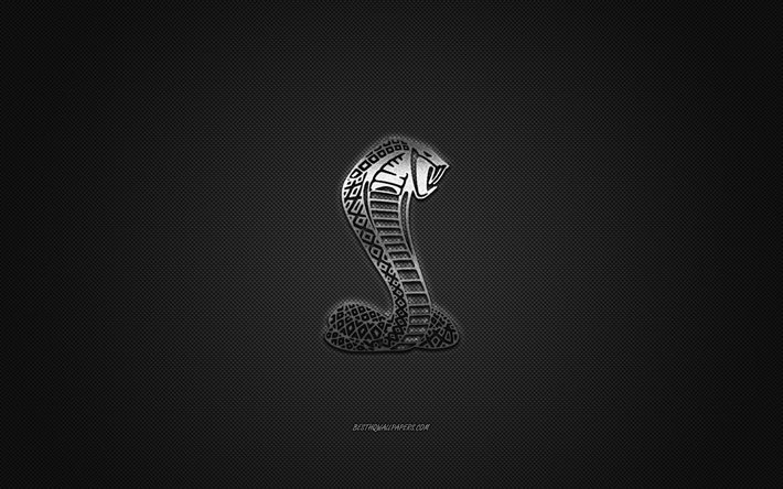 Shelby logo, silver logo, gray carbon fiber background, Shelby metal emblem, Shelby, cars brands, creative art