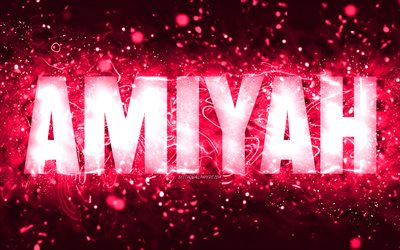 Buon compleanno Amiyah, 4k, luci al neon rosa, nome Amiyah, creativo, buon compleanno Amiyah, compleanno Amiyah, nomi femminili americani popolari, foto con nome Amiyah, Amiyah