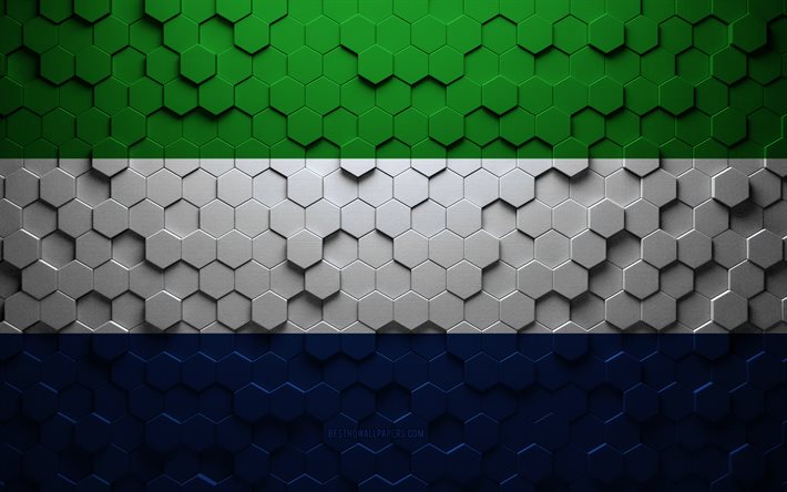 Bandeira de Serra Leoa, arte em favo de mel, bandeira de hex&#225;gonos de Serra Leoa, Serra Leoa, arte em hex&#225;gonos em 3D, bandeira de Serra Leoa