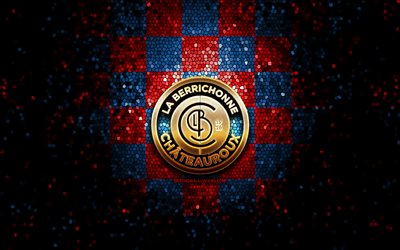 Berrichonne Chateauroux FC, glitter logo, Ligue 2, red blue checkered background, soccer, french football club, Berrichonne Chateauroux logo, mosaic art, football, Chateauroux LB
