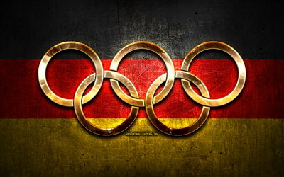 German olympic team, golden olympic rings, Germany at the Olympics, creative, German flag, metal background, Germany Olympic Team, flag of Germany