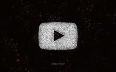 YouTube glitter logo, black background, YouTube logo, white glitter art, YouTube, creative art, YouTube white glitter logo