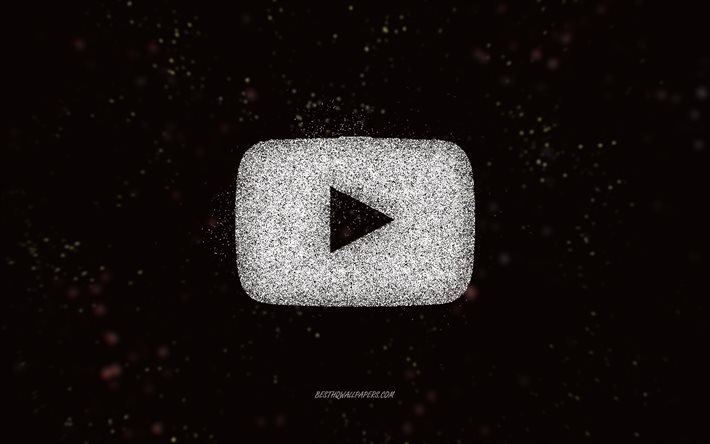 Logo glitter di YouTube, sfondo nero, logo YouTube, arte glitter bianca, YouTube, arte creativa, logo glitter bianco di YouTube