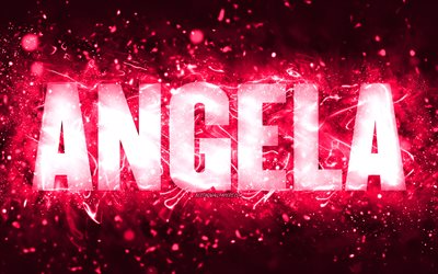 Happy Birthday Angela, 4k, pink neon lights, Angela name, creative, Angela Happy Birthday, Angela Birthday, popular american female names, picture with Angela name, Angela