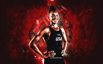 Simone Manuel, American Swimmer, USA National Olympic Team, red stone background, American athletes, USA