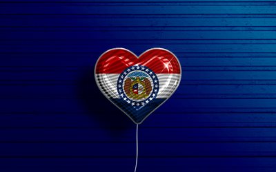 J&#39;aime le Missouri, 4k, ballons r&#233;alistes, fond en bois bleu, &#201;tats-Unis d&#39;Am&#233;rique, coeur de drapeau du Missouri, drapeau du Missouri, ballon avec drapeau, &#201;tats am&#233;ricains, Love Missouri, USA