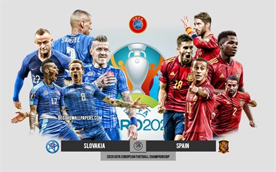 Slovakien vs Spanien, UEFA Euro 2020, förhandsvisning, reklammaterial, fotbollsspelare, Euro 2020, fotbollsmatch, Slovakiens fotbollslandslag, Spaniens fotbollslandslag