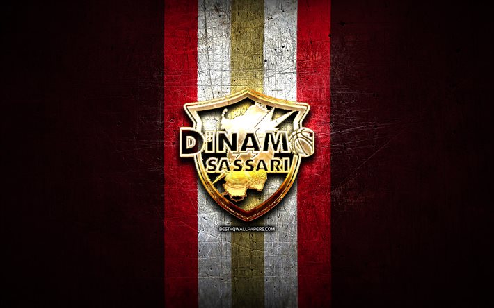 Dinamo Sassari, logotipo dourado, LBA, fundo de metal roxo, clube italiano de basquete, Lega Basket Serie A, logotipo Dinamo Sassari, basquete, Polisportiva Dinamo