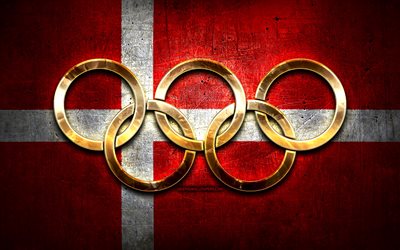 Danish olympic team, golden olympic rings, Denmark at the Olympics, creative, Danish flag, metal background, Denmark Olympic Team, flag of Denmark