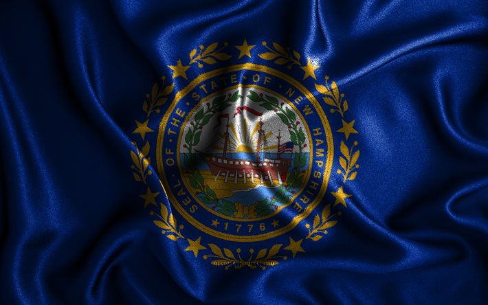 Bandiera del New Hampshire, 4k, bandiere ondulate di seta, Stati americani, USA, bandiere in tessuto, arte 3D, New Hampshire, Stati Uniti d&#39;America, Bandiera 3D del New Hampshire, Stati USA