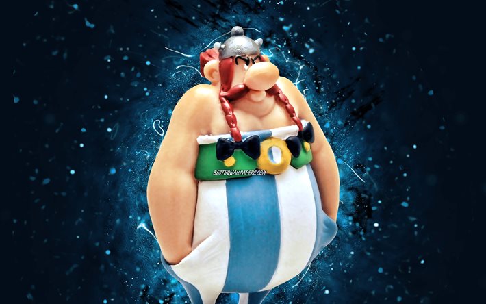 Asterix, 4k, blue neon lights, Asterix the Gaul, comic characters, Asterix 4K