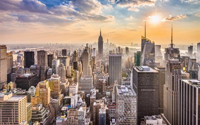 New York, morning, sunrise, Empire State Building, Manhattan, skyscrapers, New York City panorama New York city skyline, USA, New York skyline