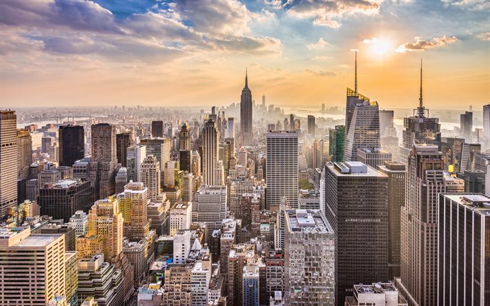 New York, aamu, auringonnousu, Empire State Building, Manhattan, pilvenpiirt&#228;j&#228;t, New Yorkin panoraama New Yorkin horisontti, USA, New Yorkin siluetti