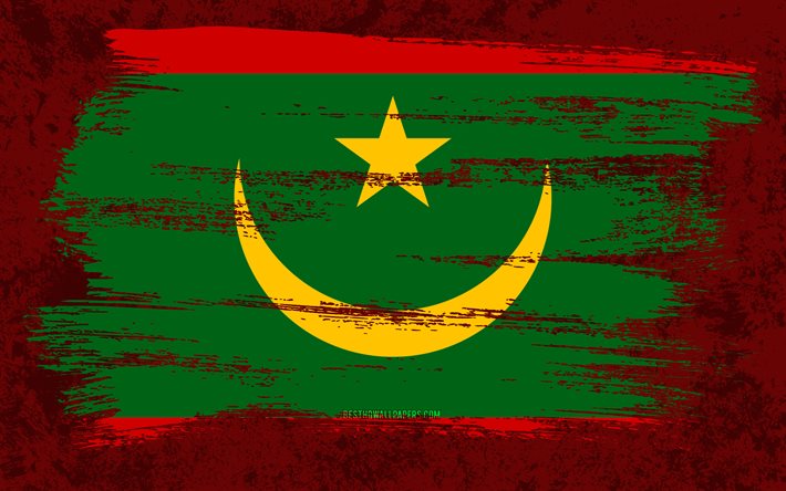 4k, bandiera della Mauritania, bandiere del grunge, paesi africani, simboli nazionali, pennellata, arte grunge, Africa, Mauritania