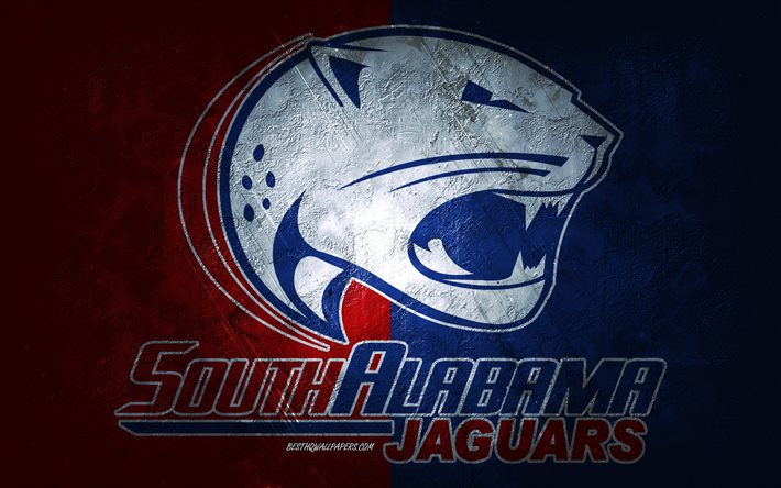 South Alabama Jaguars, amerikansk fotbollslag, bl&#229; bakgrund, South Alabama Jaguars-logotyp, grunge konst, NCAA, amerikansk fotboll, South Alabama Jaguars emblem
