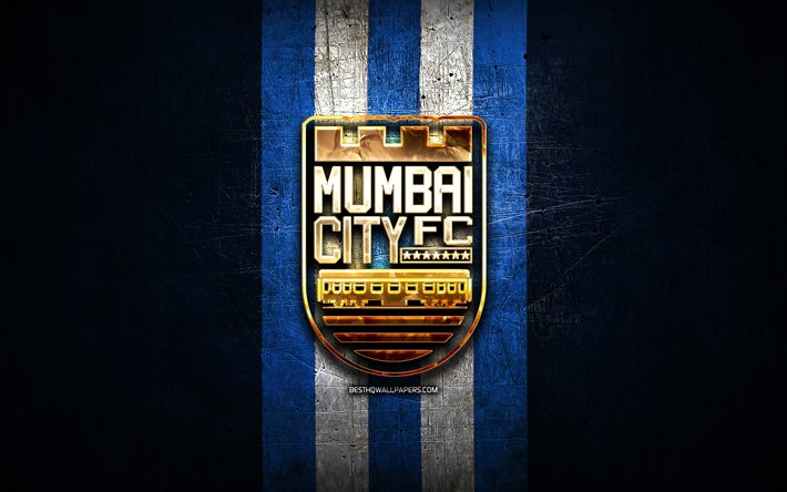 Mumbai City FC, golden logo, ISL, blue metal background, football, indian football club, Mumbai City FC logo, soccer, India, FC Mumbai City