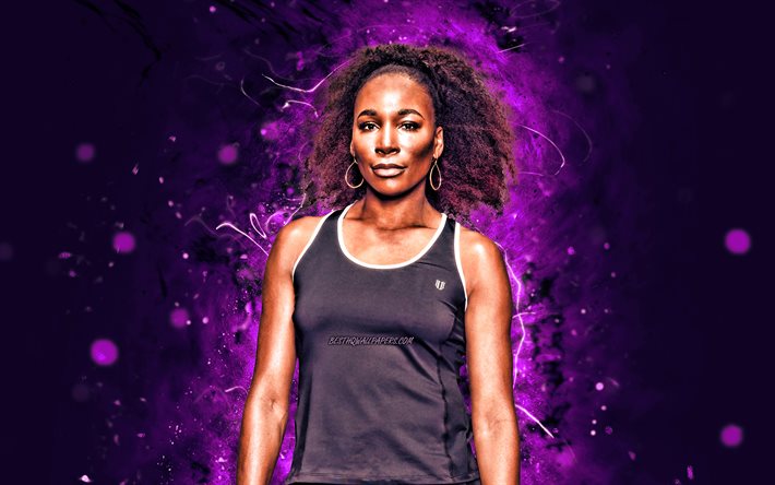Venus Williams, 4k, jogadores de t&#234;nis americanos, WTA, luzes de n&#233;on violeta, t&#234;nis, fan art, Venus Williams 4K