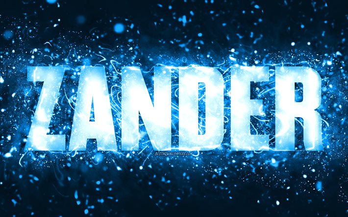 Buon compleanno Zander, 4k, luci al neon blu, nome Zander, creativo, buon compleanno Zander, compleanno Zander, nomi maschili americani popolari, foto con nome Zander, Zander