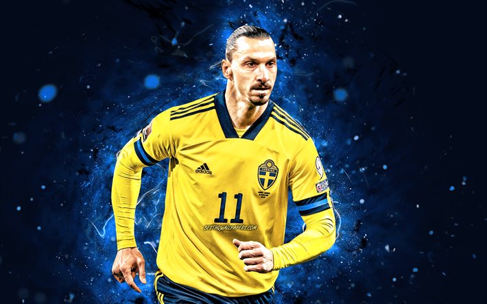 Zlatan Ibrahimovic, 4k, Nazionale svedese, calcio, calciatori, luci al neon blu, squadra di calcio svedese, Zlatan Ibrahimovic 4K