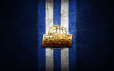 Skyliners Frankfurt, golden logo, BBL, blue metal background, german basketball club, Basketball Bundesliga, Skyliners Frankfurt logo, basketball