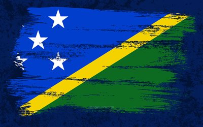 4k, Flag of Solomon Islands, grunge flags, Oceanian countries, national symbols, brush stroke, Solomon Islands flag, grunge art, Oceania, Solomon Islands