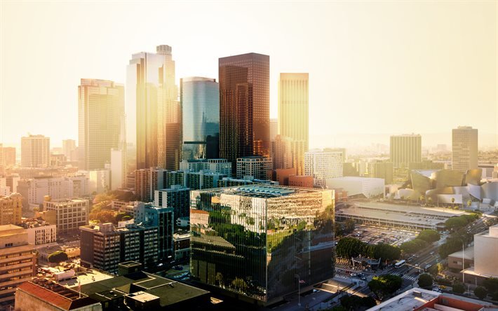 Los Angeles, sera, tramonto, grattacieli, citt&#224;, California, USA, Los Angeles panorama