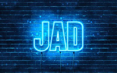 Jad, 4k, 壁紙名, テキストの水平, Jad名, お誕生日おめでJad, 青色のネオン, 写真Jad名