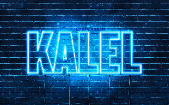 Kalel, 4k, fondos de pantalla con los nombres, el texto horizontal, Kalel nombre, Feliz Cumplea&#241;os Kalel, luces azules de ne&#243;n, imagen con Kalel nombre