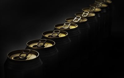 beer cans, black background, beer concepts, row of beer cans, beer