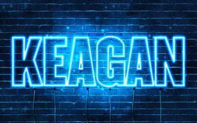 Keagan, 4k, les papiers peints avec les noms, le texte horizontal, Keagan nom, Joyeux Anniversaire Keagan, bleu n&#233;on, photo avec Keagan nom