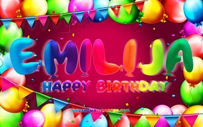 Happy Birthday Emilija, 4k, colorful balloon frame, Emilija name, purple background, Emilija Happy Birthday, Emilija Birthday, popular bulgarian female names, Birthday concept, Emilija