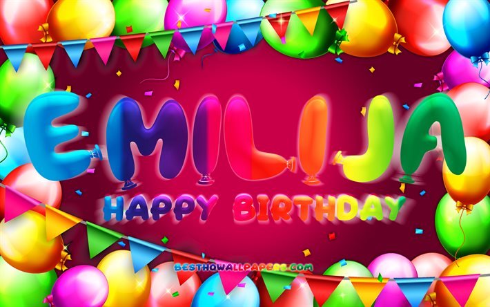 Happy Birthday Emilija, 4k, colorful balloon frame, Emilija name, purple background, Emilija Happy Birthday, Emilija Birthday, popular bulgarian female names, Birthday concept, Emilija