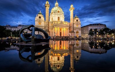Karlskirche, Vienna, catholic church, evening, sunset, landmark, Austria, Wiener Karlskirche, Baroque Style, St Charles Church