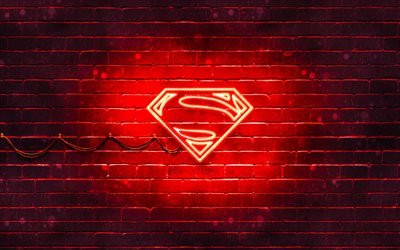 superman-red logo, 4k, red brickwall -, superman-logo, superhelden, superman neon logo, superman