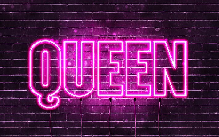 Queen, 4k, tapeter med namn, kvinnliga namn, Queen namn, lila neon lights, Grattis P&#229; F&#246;delsedagen Drottning, bild med Queen namn
