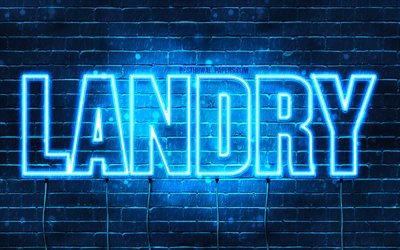 Landry, 4k, pap&#233;is de parede com os nomes de, texto horizontal, Landry nome, Feliz Anivers&#225;rio Landry, luzes de neon azuis, imagem com Landry nome