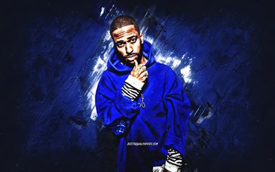 Big Sean, American rapper, Sean Michael Leonard Anderson, portrait, blue stone background, creative art