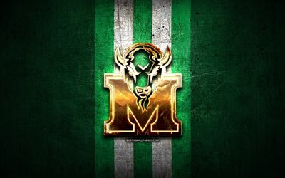 Marshall Thundering Herd, golden logo, NCAA, green metal background, american football club, Marshall Thundering Herd logo, american football, USA