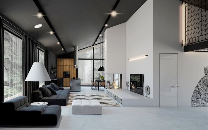 elegante bianco e nero, design di interni, soggiorno, minimalismo, stile, soggiorno design d&#39;interni, arredamento di design