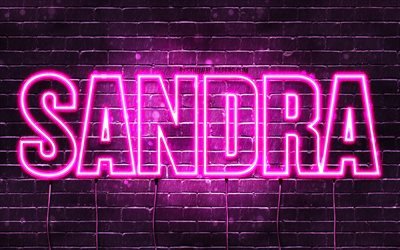 Sandra, 4k, tapeter med namn, kvinnliga namn, Sandra namn, lila neon lights, Grattis P&#229; F&#246;delsedagen Sandra, bild med Sandra namn