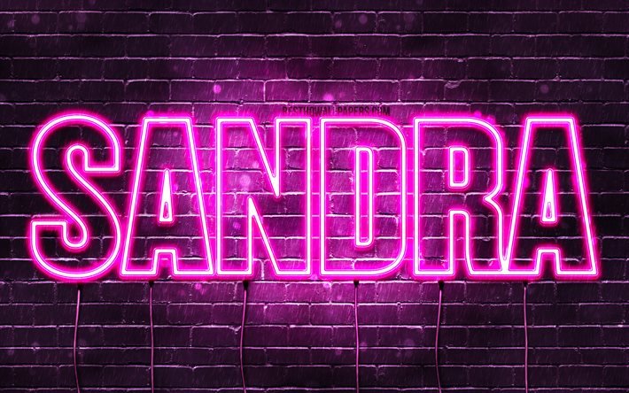 Sandra, 4k, sfondi per il desktop con i nomi, nomi di donna, Sandra nome, viola neon, buon Compleanno Sandra, l&#39;immagine con il nome Sandra