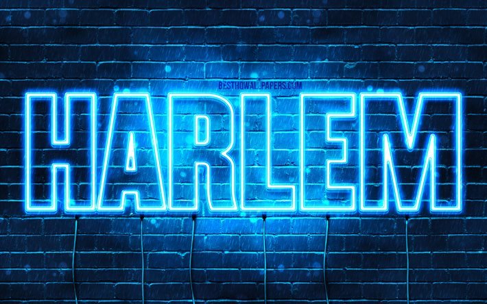 Harlem, 4k, tapeter med namn, &#246;vergripande text, Harlem namn, Grattis P&#229; F&#246;delsedagen Harlem, bl&#229;tt neonljus, bild med namnet Harlem