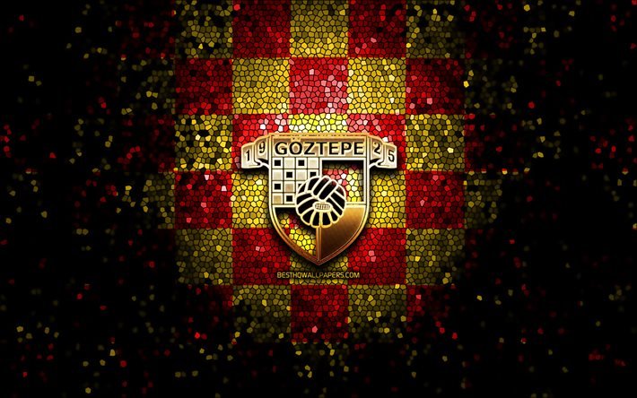 Goztepe FC, glitter logo, Turkish Super League, red yellow checkered background, soccer, Goztepe SK, turkish football club, Goztepe logo, mosaic art, football, Turkey
