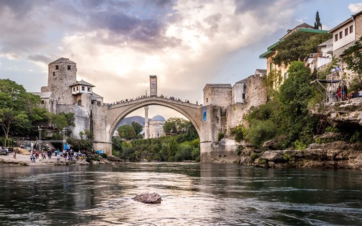 Mostar, Stari Most, Mostar Bridge, Neretva, river, stone bridge, landmark, Bosnia and Herzegovina