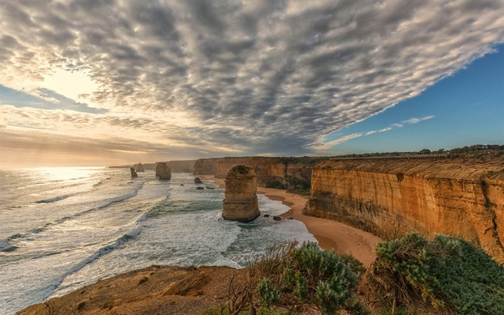 Twelve Apostles, coast, ocean, cliffs, evening, sunset, Victoria, Port Campbell National Park, Australia